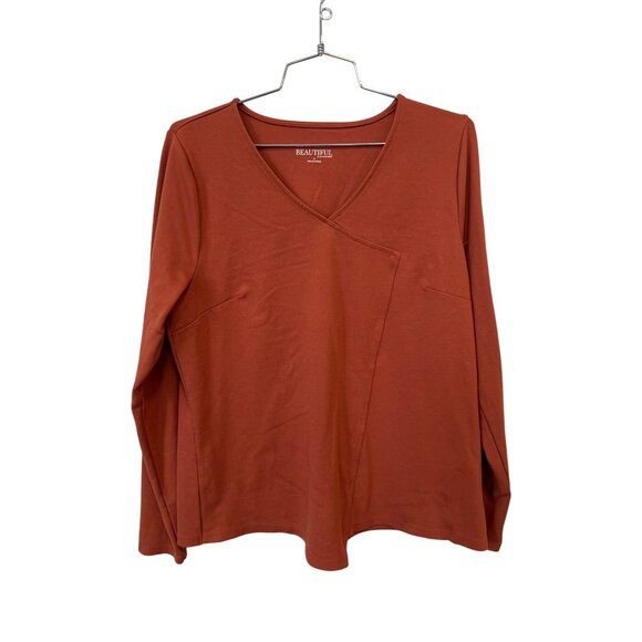 BEAUTIFUL by Lawrence Zarian Ponte VNeck Long Sleeve Seamed Top Size Medium Clay - Picture 2 of 8